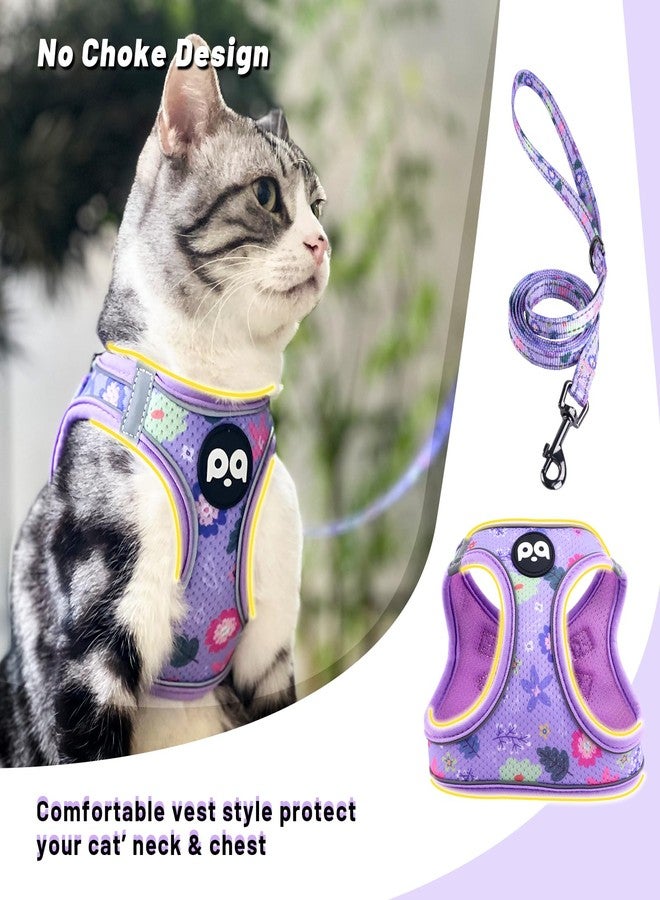 كيوكيو بيتس طقم حزام ومقود للقطط من QQPETS للمشي، مقاوم للهروب، سترة آمنة قابلة للتعديل للقطط الصغيرة مع شرائط عاكسة، سترة شبكية ناعمة خفيفة الوزن سهلة التحكم (أرجواني مزهر، مقاس صغير (محيط الصدر 15-15.7 بوصة)) - Image 2